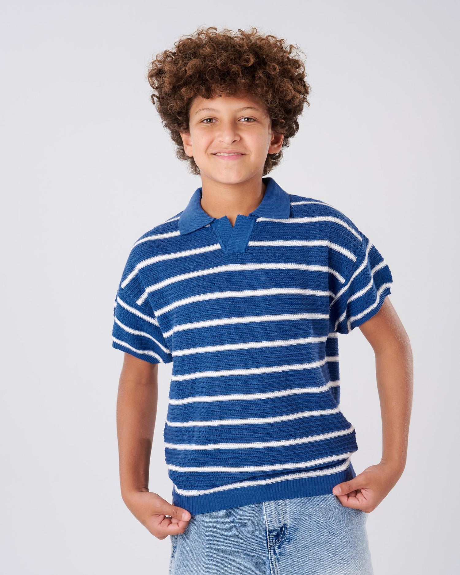 Boys' Indigo Striped Knitted Polo Shirt