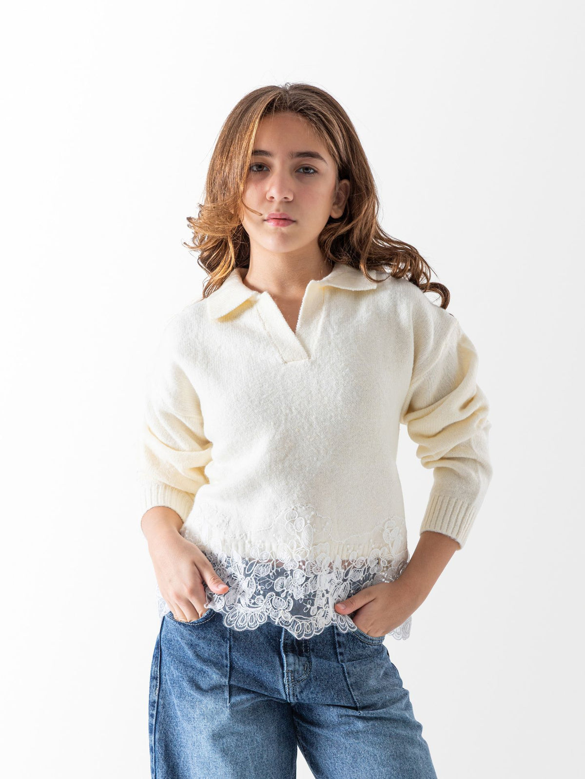 Ninos Kids storeGirls' Off-White Blend Lace PulloverPulloversNINOS