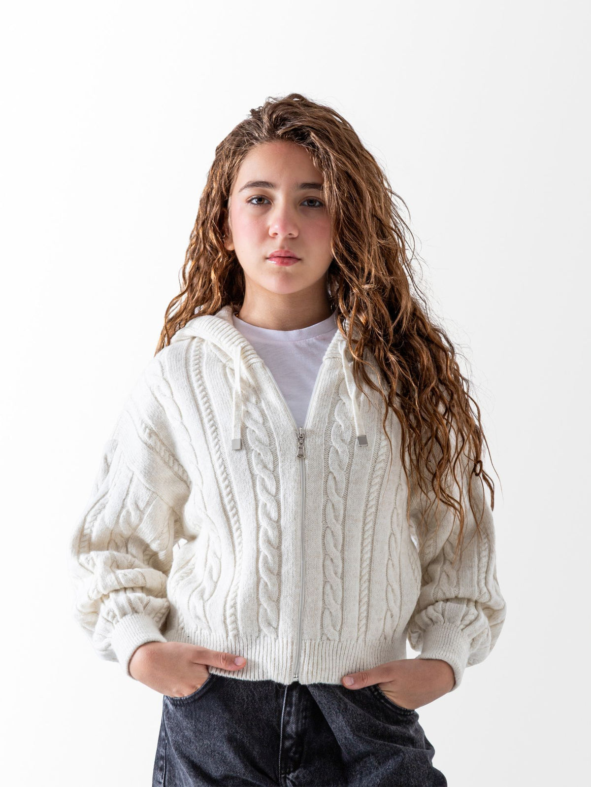 Ninos Kids storeGirls' Off-White Zip Up Hoodie SweaterPulloversNovello