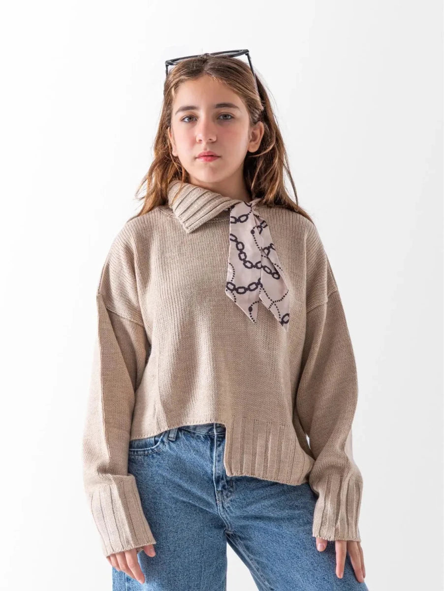Ninos Kids storeGirls' Beige Ribbed Knit PulloverPulloversMIX