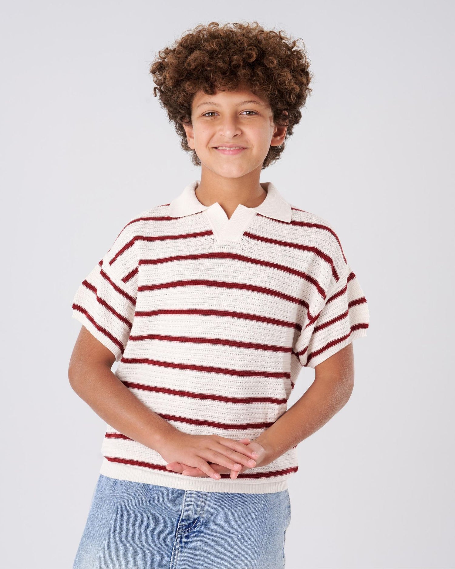 Boys' Off-White Striped Knitted Polo Shirt