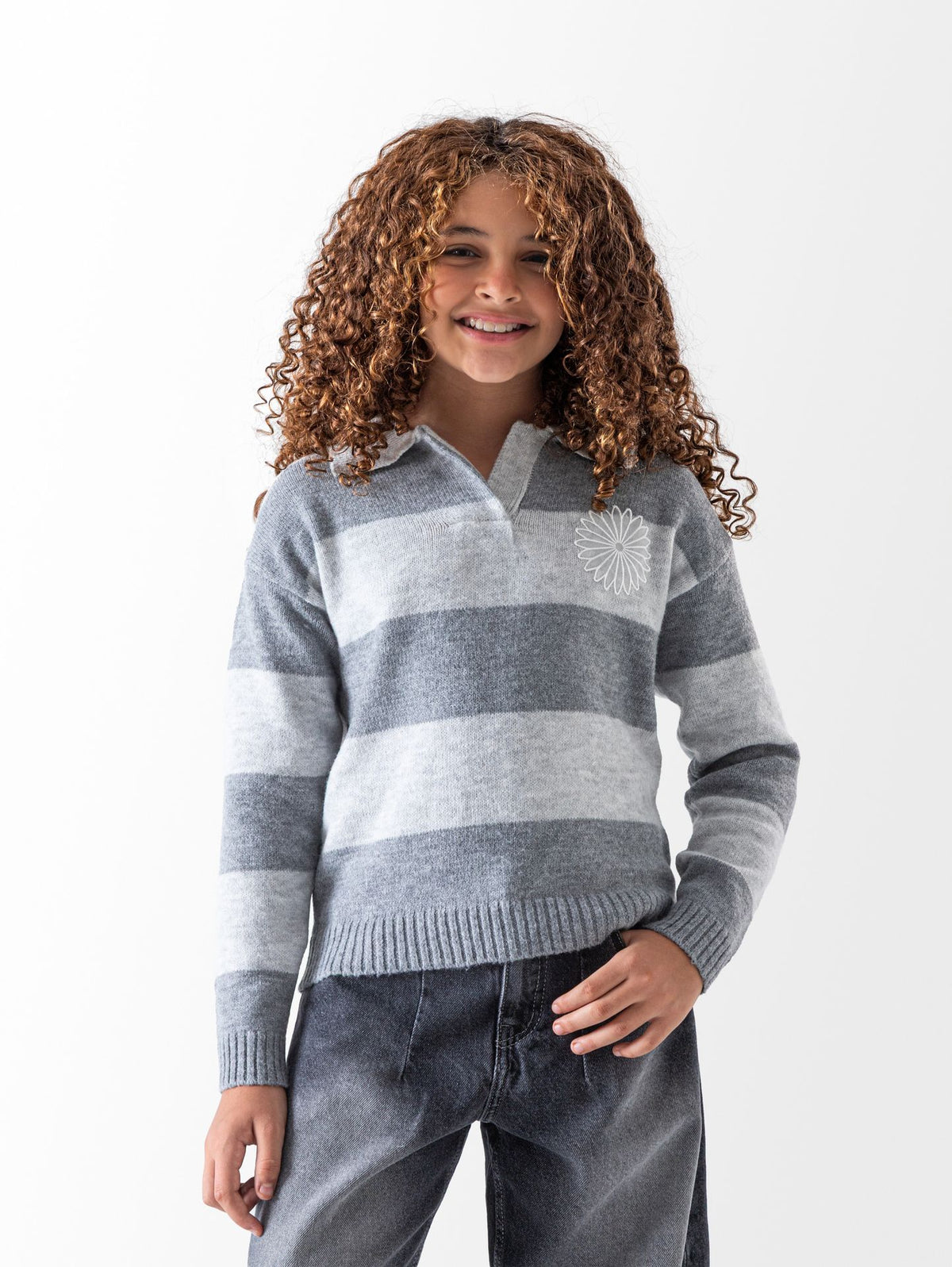 Ninos Kids storeGirls' Grey Striped Flower PulloverPulloversNINOS