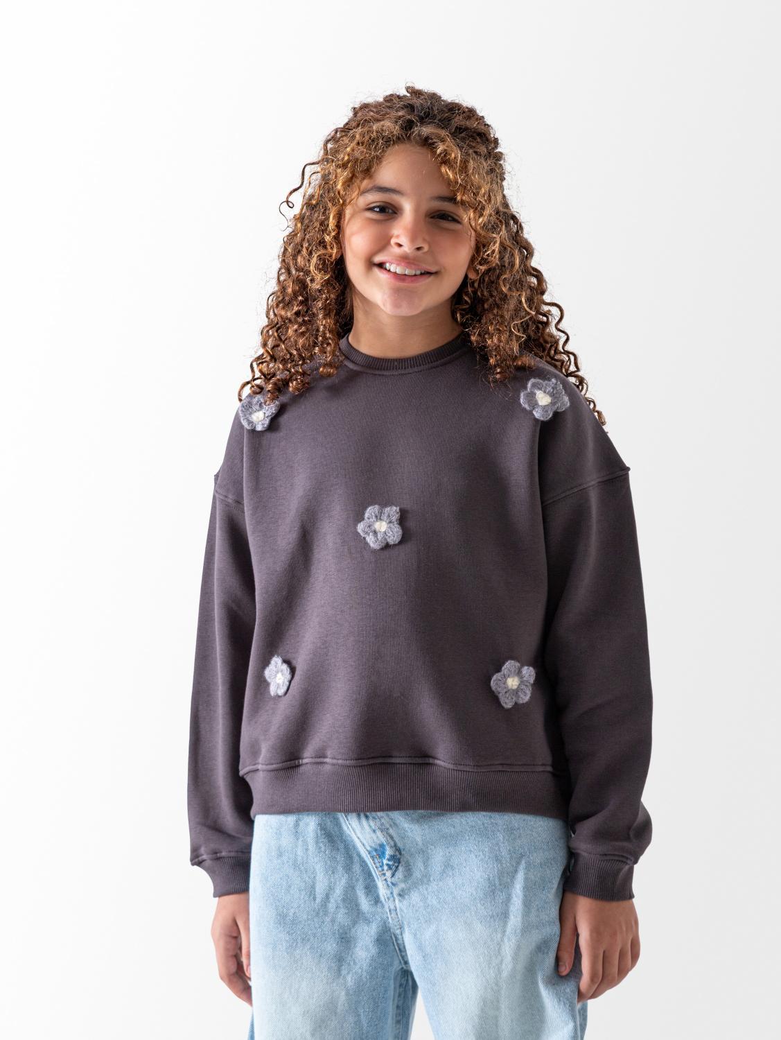 Girls' Dark Grey Flower Sweatshirt