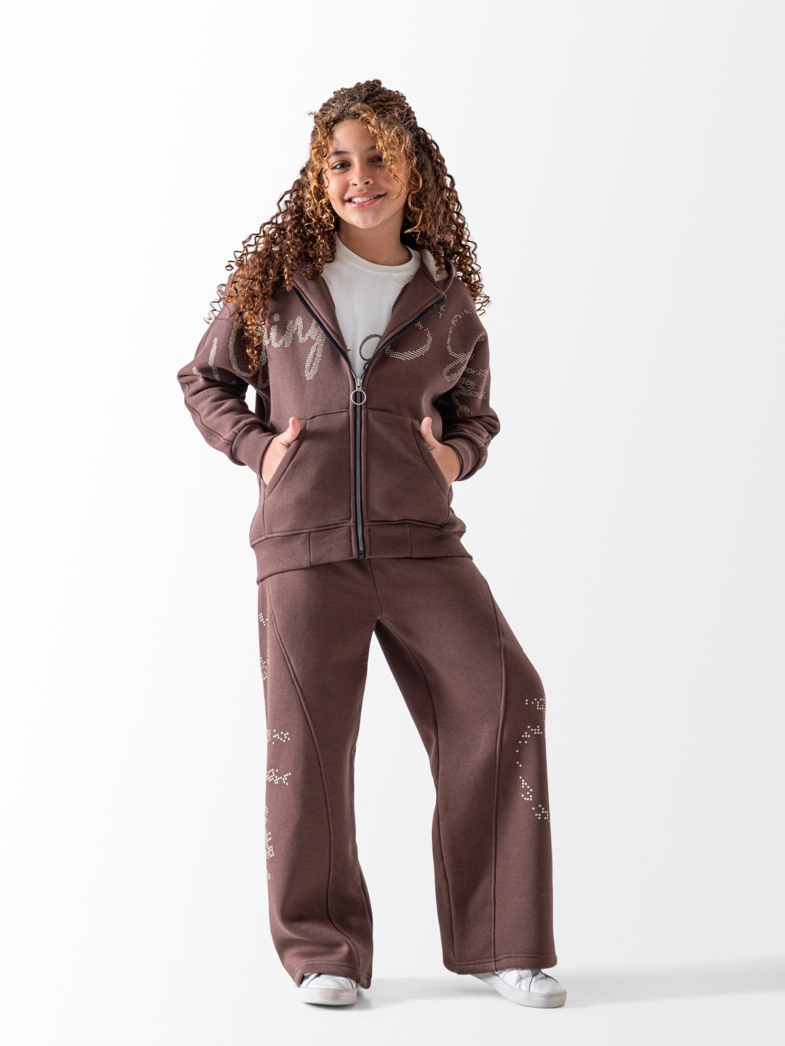 Girls' Brown Strass 3-Piece Pyjama Set