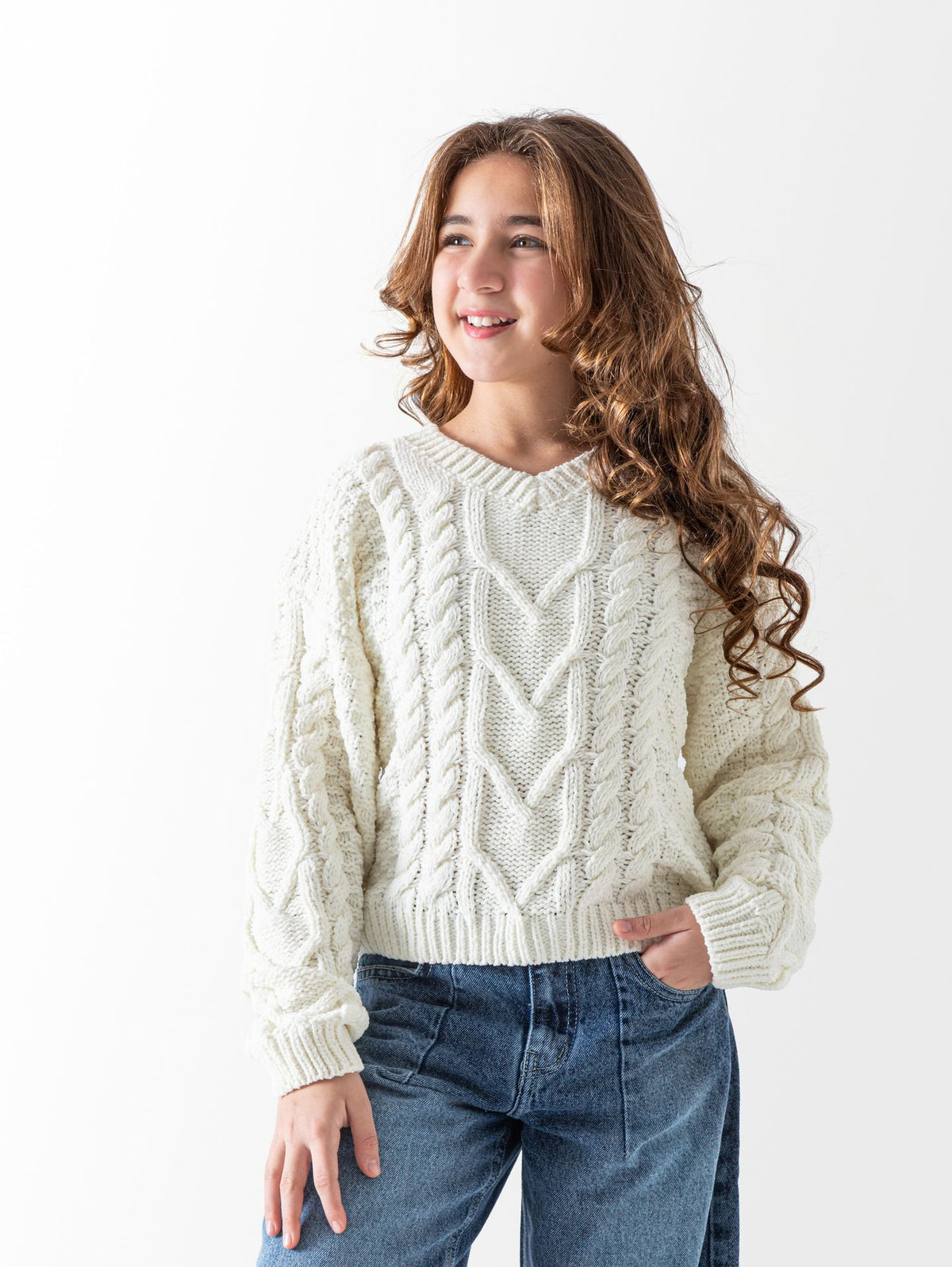 Ninos Kids storeGirls' Off-White Braided V Neck PulloverPulloversNINOS