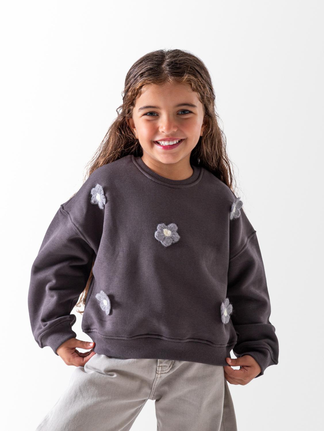 Girls' Dark Grey Flower Sweatshirt