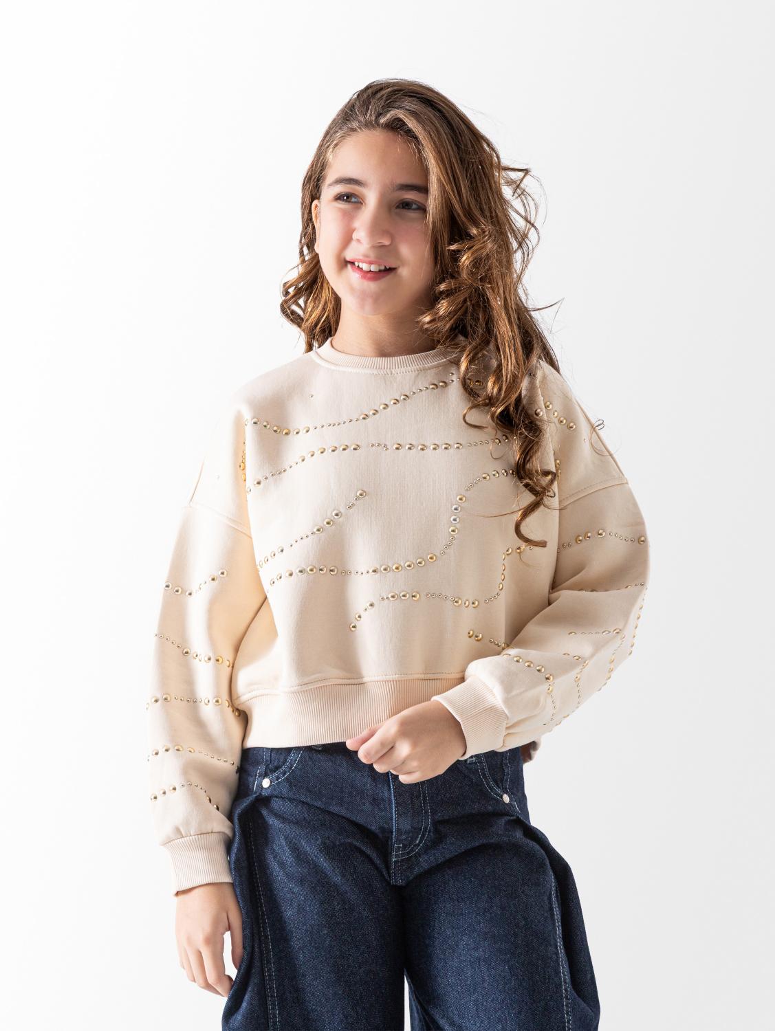 Girls' Beige Strass Sweatshirt