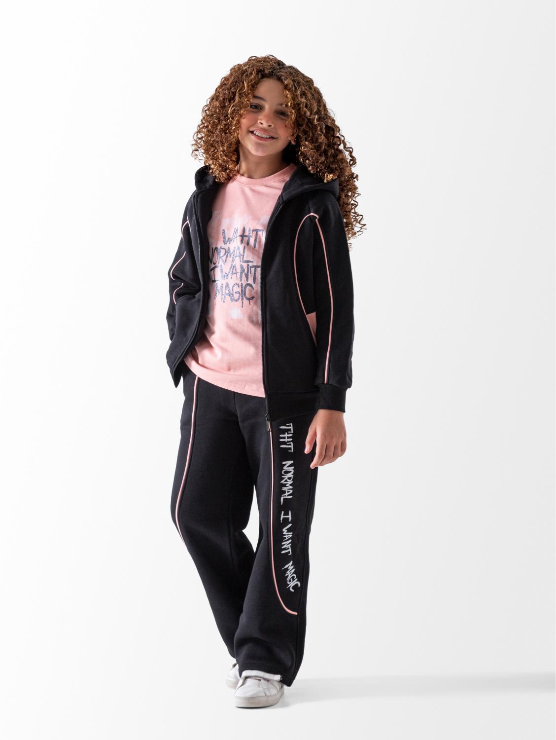 Girls' Black Normal 3-Piece Pyjama Set