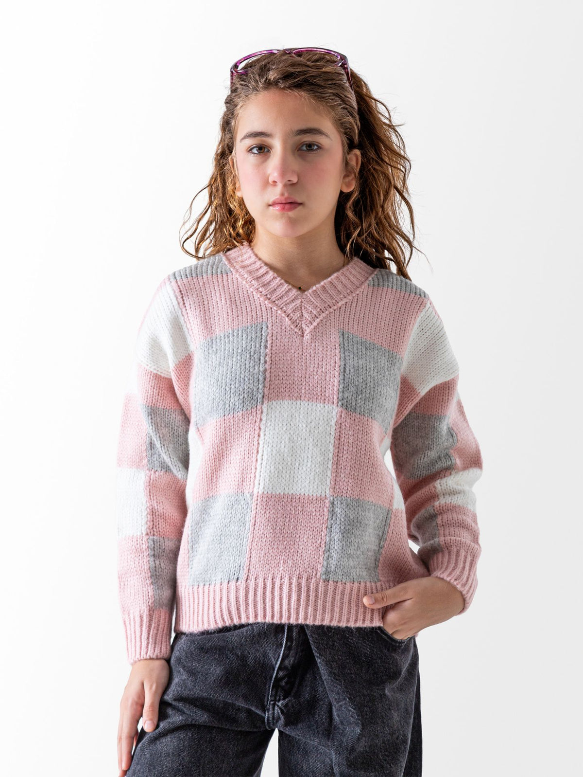 Ninos Kids storeGirls' Kashmir Pastel Plaid V-Neck Knit PulloverPulloversMIX